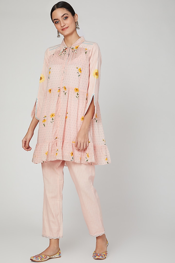 Blush Pink Embroidered Shirt With Pants by The Right Cut