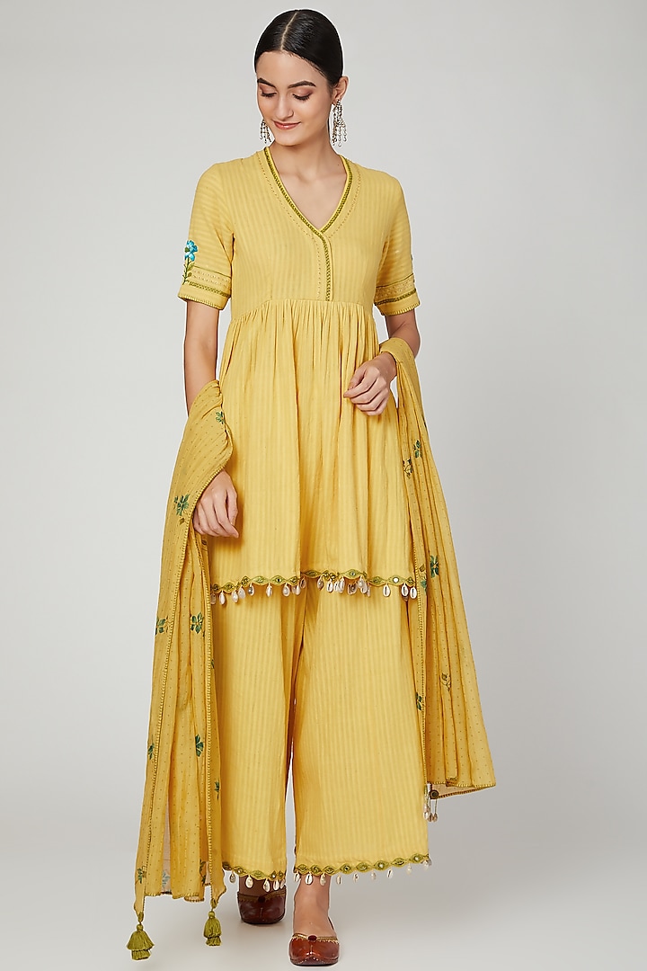 Tumeric Yellow Embroidered & Printed Kurta Set by The Right Cut