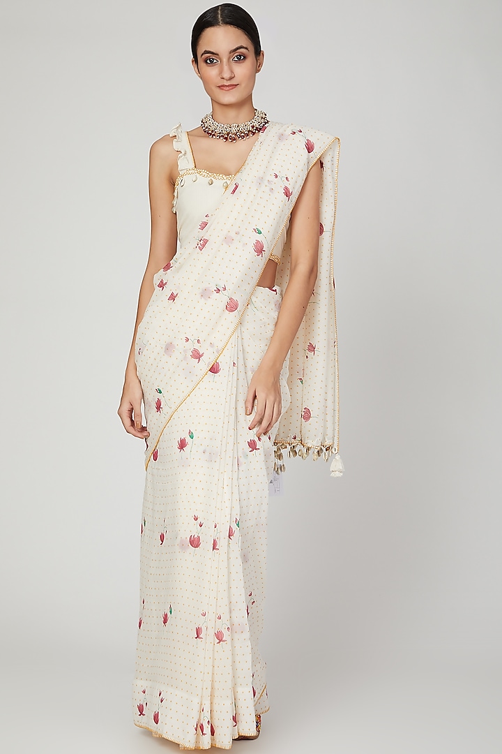 Ivory Embroidered & Printed Saree Set by The Right Cut