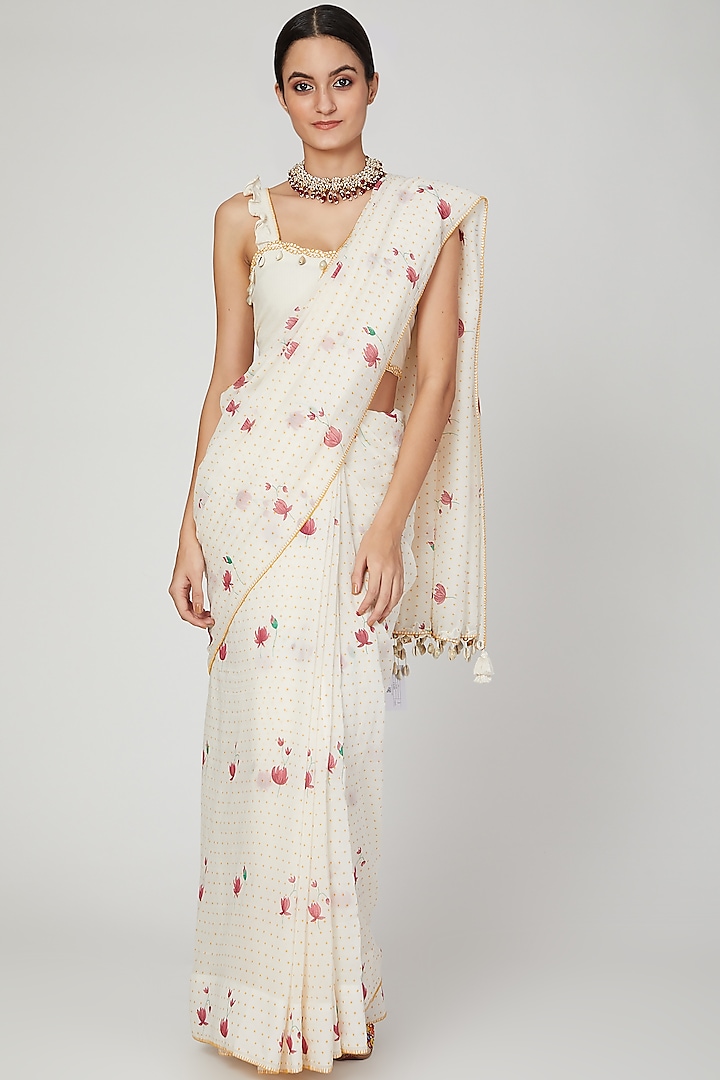 Ivory Embroidered & Printed Saree Set by The Right Cut at Pernia's Pop Up Shop