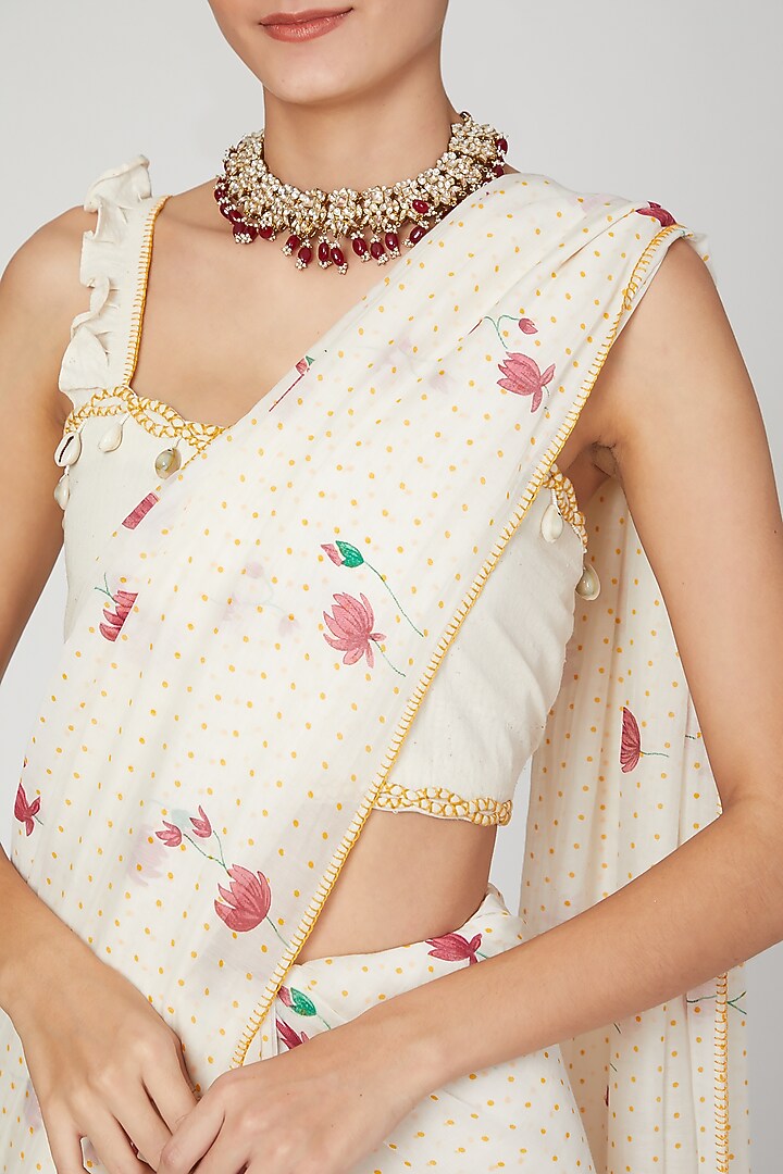 Ivory Embroidered & Printed Party Wear Saree Set by The Right Cut at Pernia's Pop Up Shop