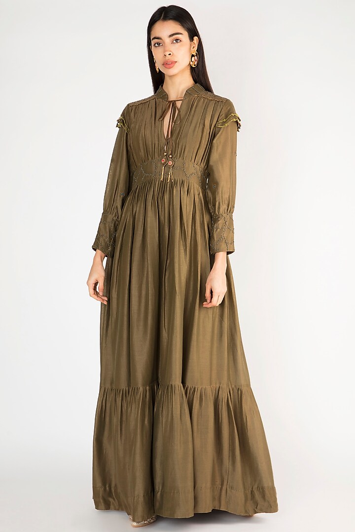 Military Green Zardosi Embroidered Gown by The Right Cut