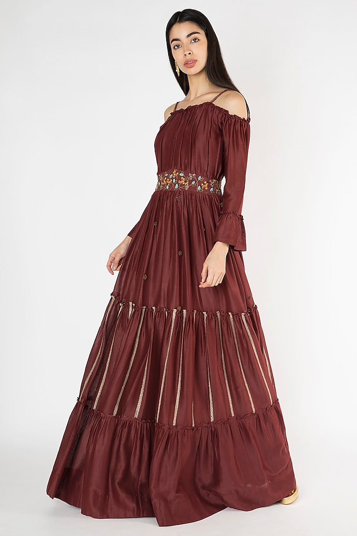 Wine Embroidered Chanderi Gown by The Right Cut