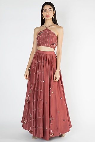 Brick Red Embroidered Halter Neck Blouse With Skirt by The Right Cut