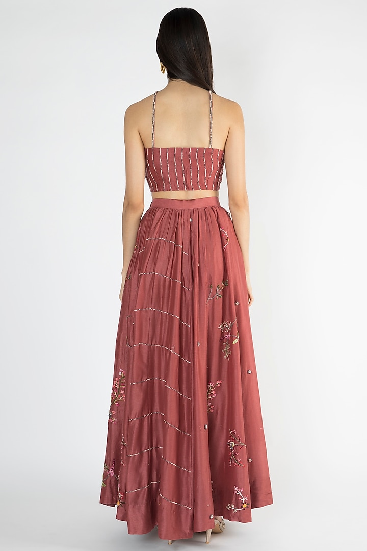 Brick Red Embroidered Halter Neck Blouse With Skirt by The Right Cut at Pernia's Pop Up Shop
