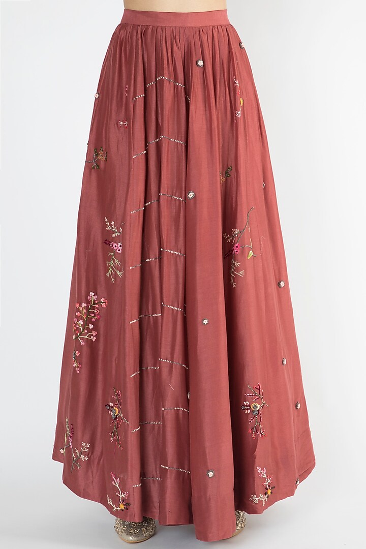 Brick Red Embroidered Halter Neck Blouse With Skirt by The Right Cut at Pernia's Pop Up Shop