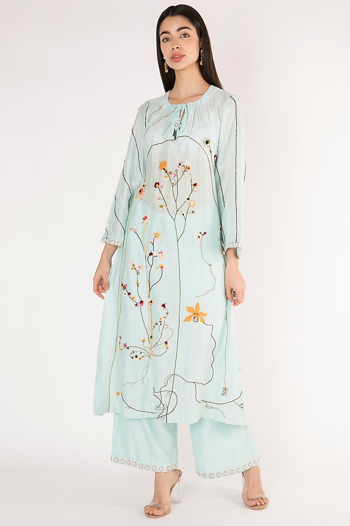 Ice Blue Embroidered Kurta With Pants by The Right Cut
