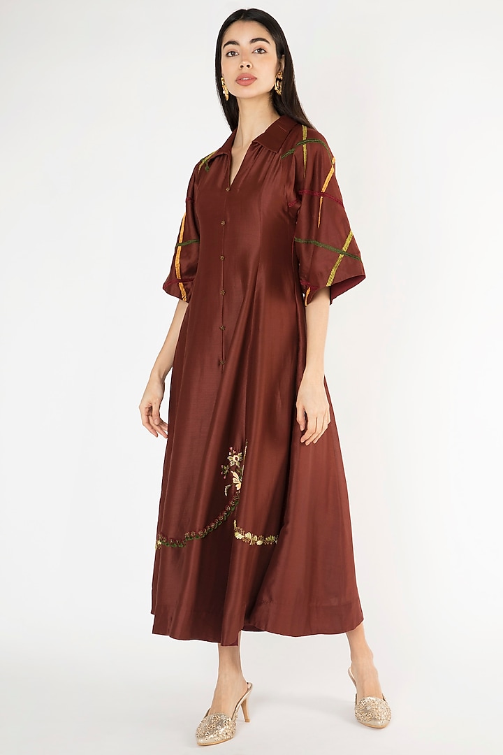 Wine Embroidered Kalidar Dress by The Right Cut