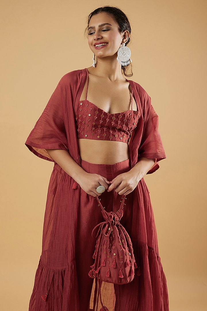 Maroon Embroidered Jacket Set by The Right Cut at Pernia's Pop Up Shop