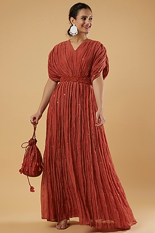 Maroon Sequin Embroidered Dress by The Right Cut