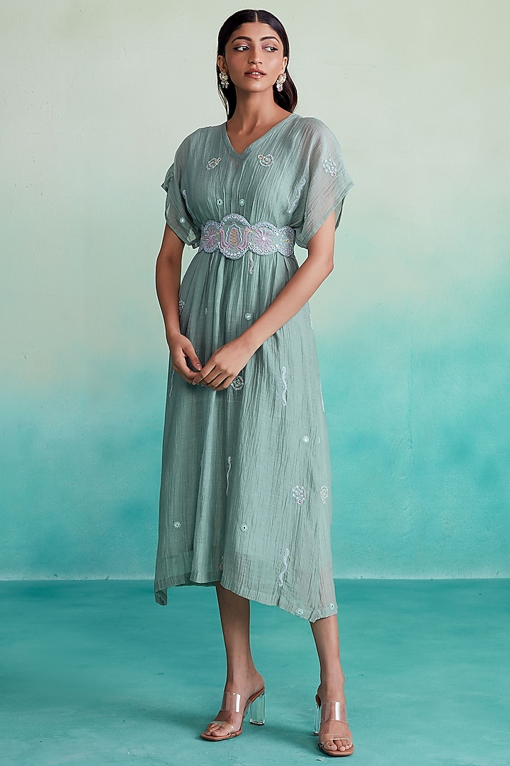 Mint Chanderi Dress With Belt by The Right Cut