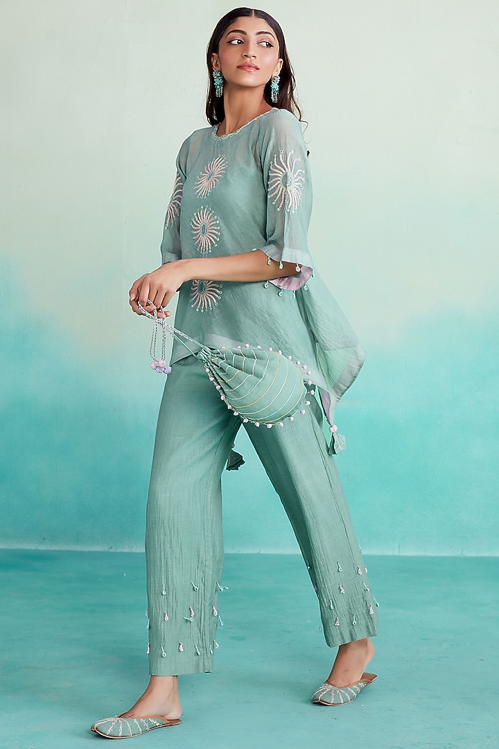 Mint Chanderi Hand Embroidered CoOrd Set Design by The Right Cut at