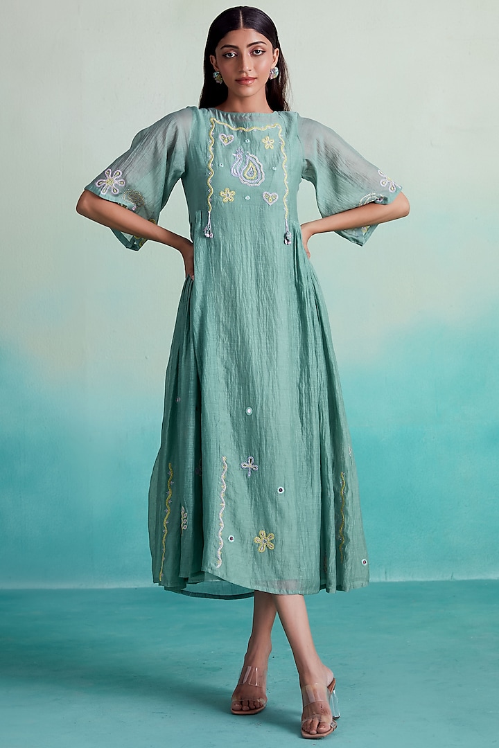 Mint Chanderi Hand Embroidered Dress by The Right Cut