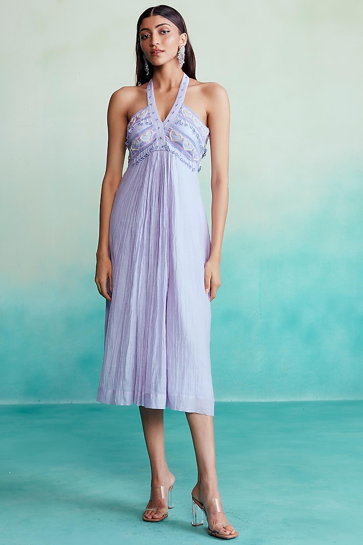 Lavender Chanderi Hand Embroidered Dress by The Right Cut