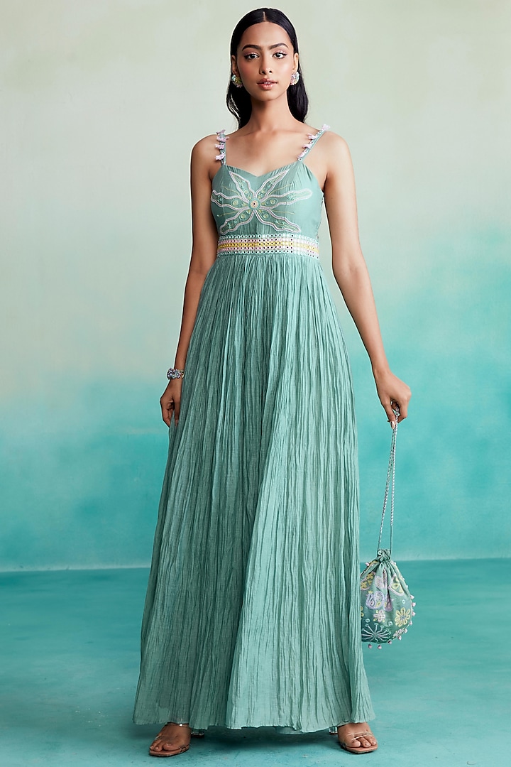 Mint Chanderi Hand Embroidered Micro-Pleated Jumpsuit by The Right Cut