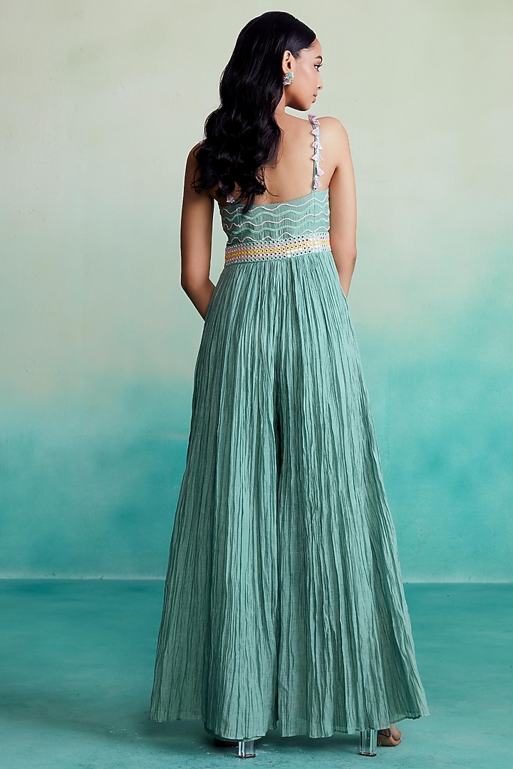 Mint Chanderi Hand Embroidered Micro-Pleated Jumpsuit by The Right Cut at Pernia's Pop Up Shop