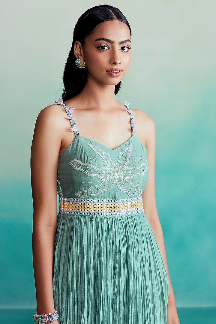 Mint Chanderi Hand Embroidered Micro-Pleated Jumpsuit by The Right Cut at Pernia's Pop Up Shop