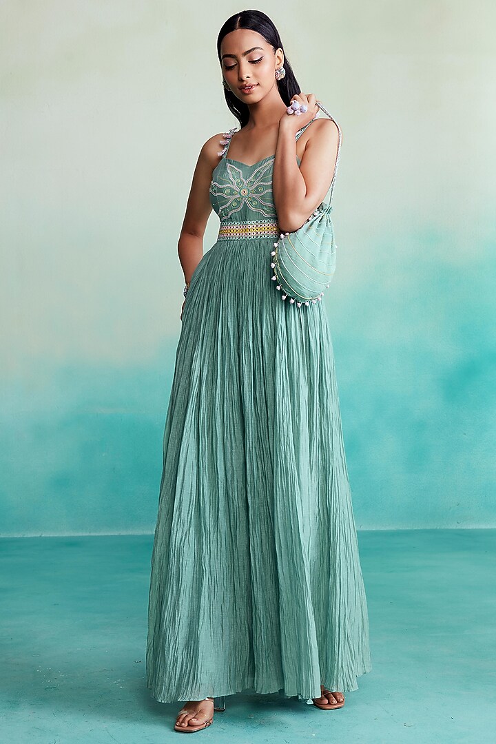 Mint Chanderi Hand Embroidered Micro-Pleated Jumpsuit by The Right Cut at Pernia's Pop Up Shop