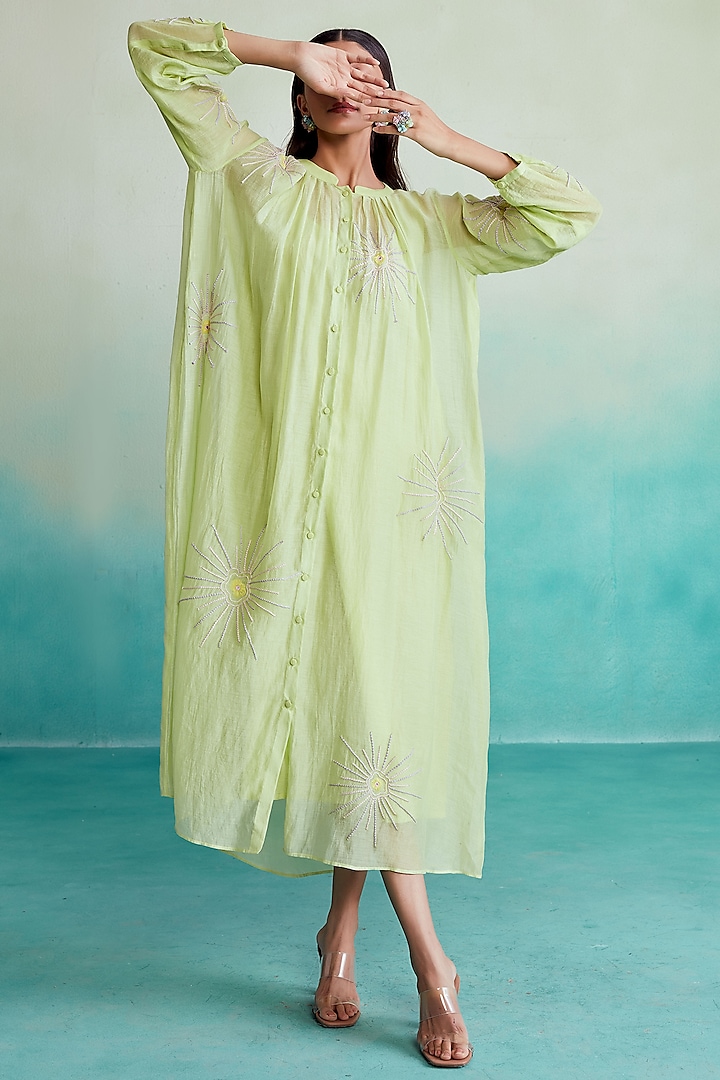 Lime Chanderi Hand Embroidered Dress With Inner by The Right Cut