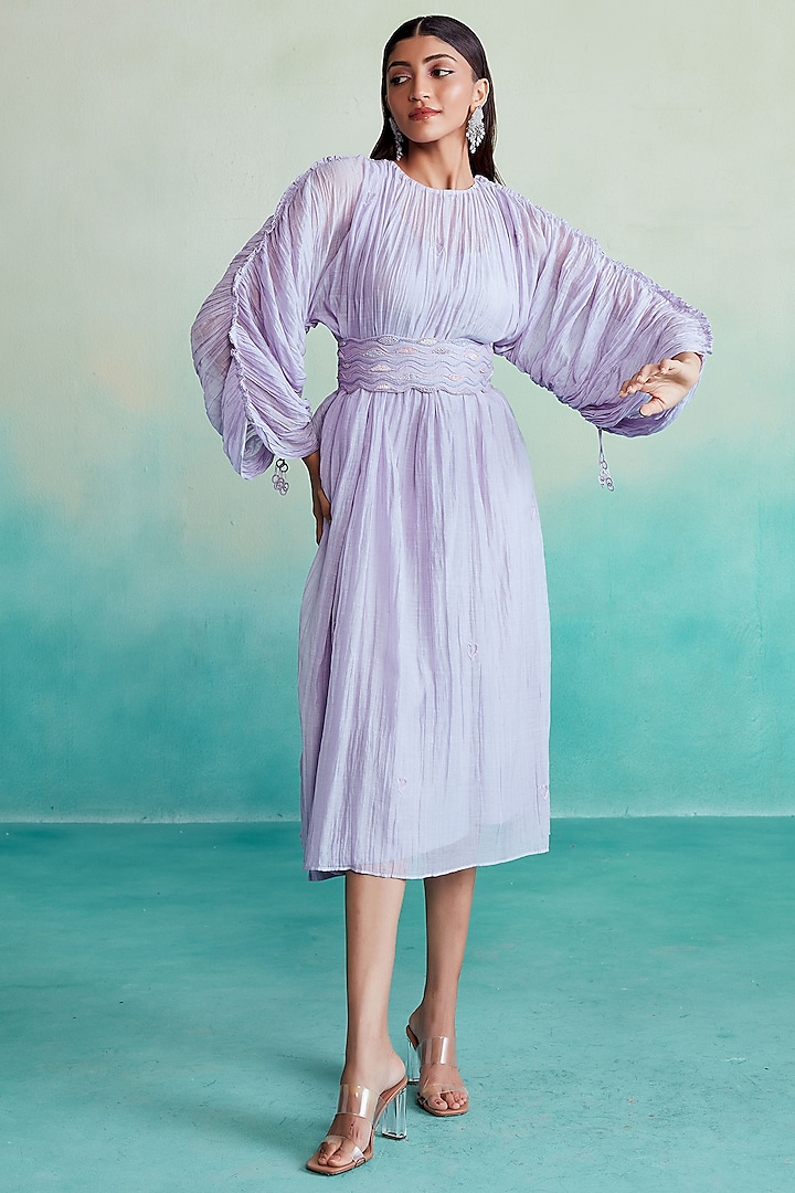 Lavender Chanderi Embroidered Dress With Belt by The Right Cut