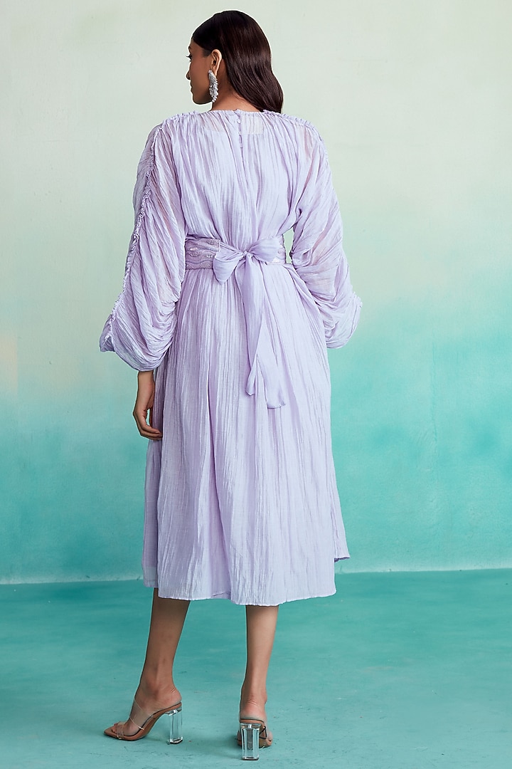 Lavender Chanderi Embroidered Vacation Dress With Belt by The Right Cut at Pernia's Pop Up Shop