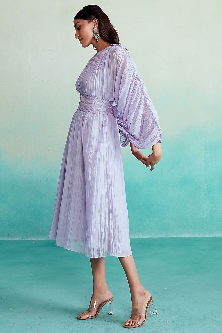 Lavender Chanderi Embroidered Vacation Dress With Belt by The Right Cut at Pernia's Pop Up Shop