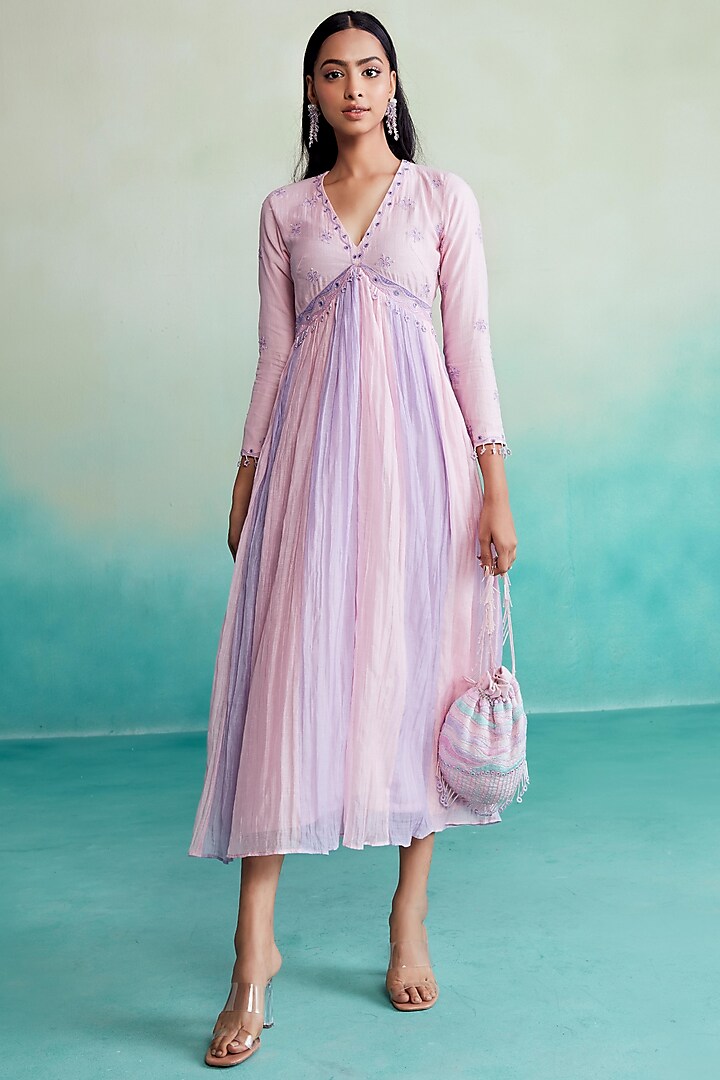 Orchid Pink & Lavender Chanderi Hand Embroidered Dress by The Right Cut