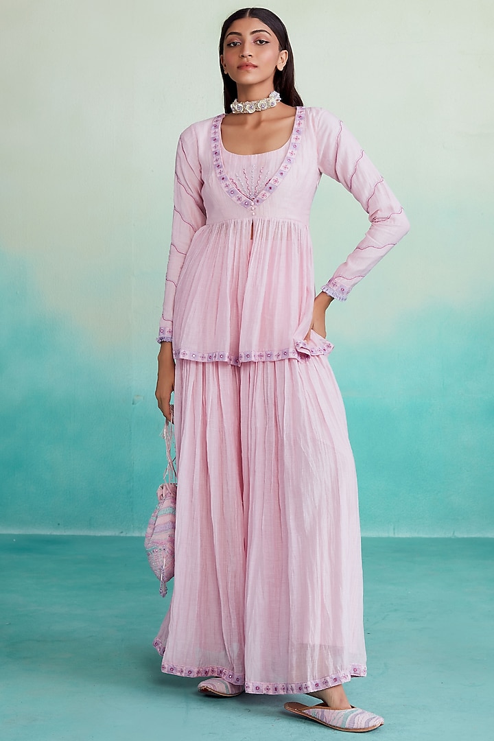 Orchid Pink Chanderi Hand Embroidered Micro-Pleated Sharara Set by The Right Cut