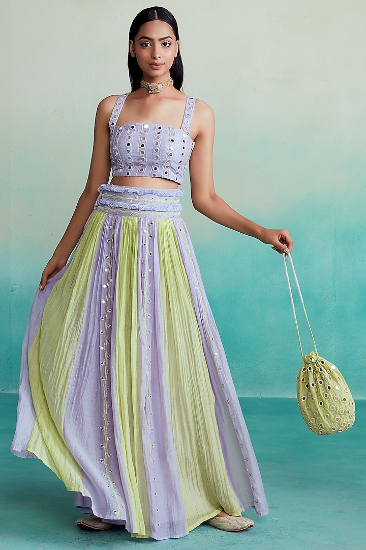 Lavender & Lime Chanderi Hand Embroidered Skirt Set by The Right Cut