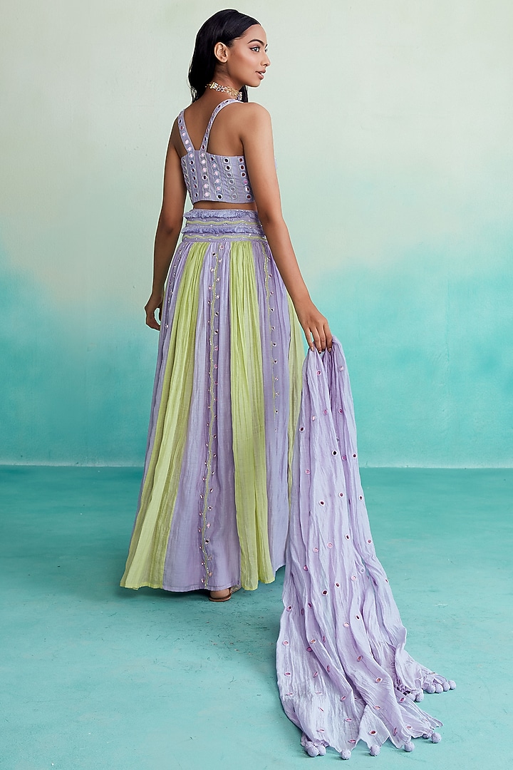 Lavender & Lime Chanderi Hand Embroidered Skirt Set by The Right Cut at Pernia's Pop Up Shop