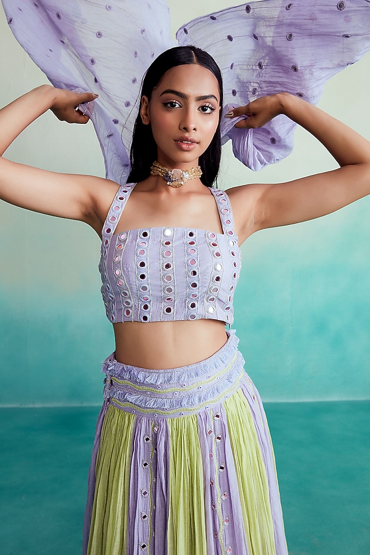Lavender & Lime Chanderi Hand Embroidered Skirt Set by The Right Cut at Pernia's Pop Up Shop