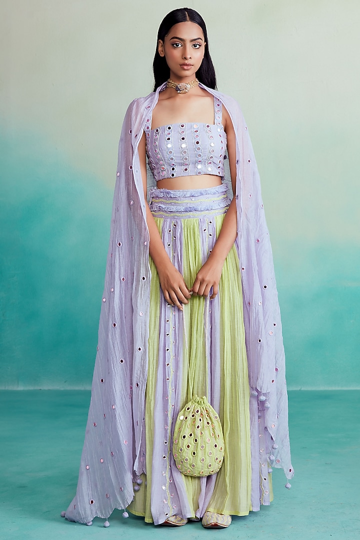 Lavender & Lime Chanderi Hand Embroidered Skirt Set by The Right Cut at Pernia's Pop Up Shop