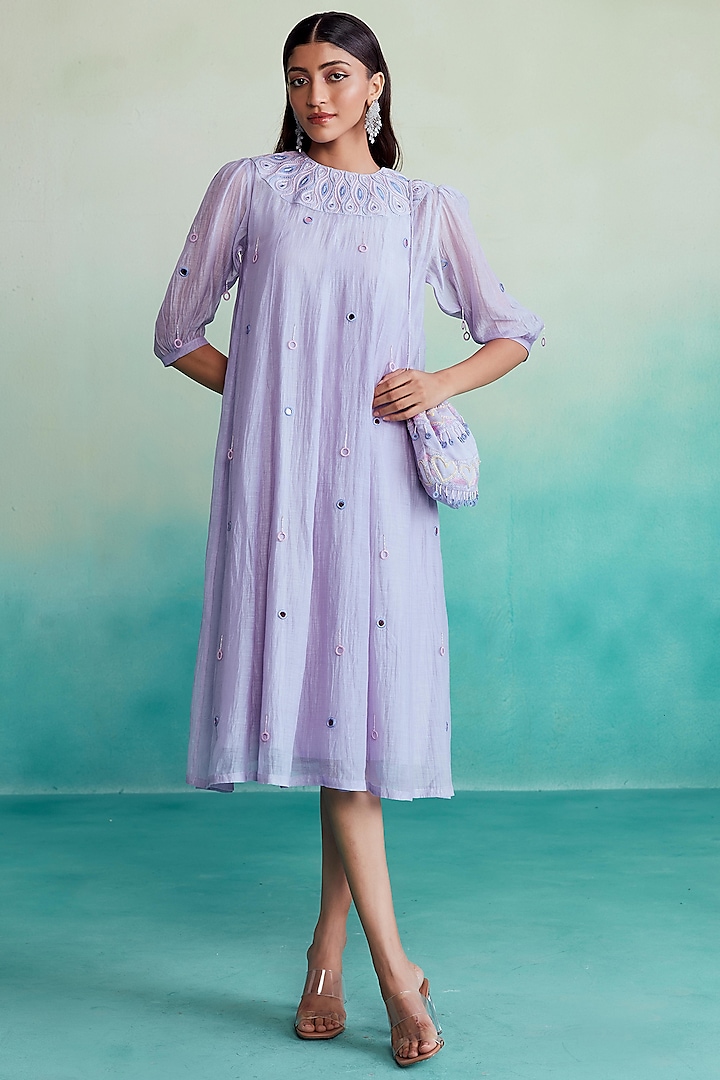 Lavender Chanderi Mirror Embroidered Dress With Inner by The Right Cut