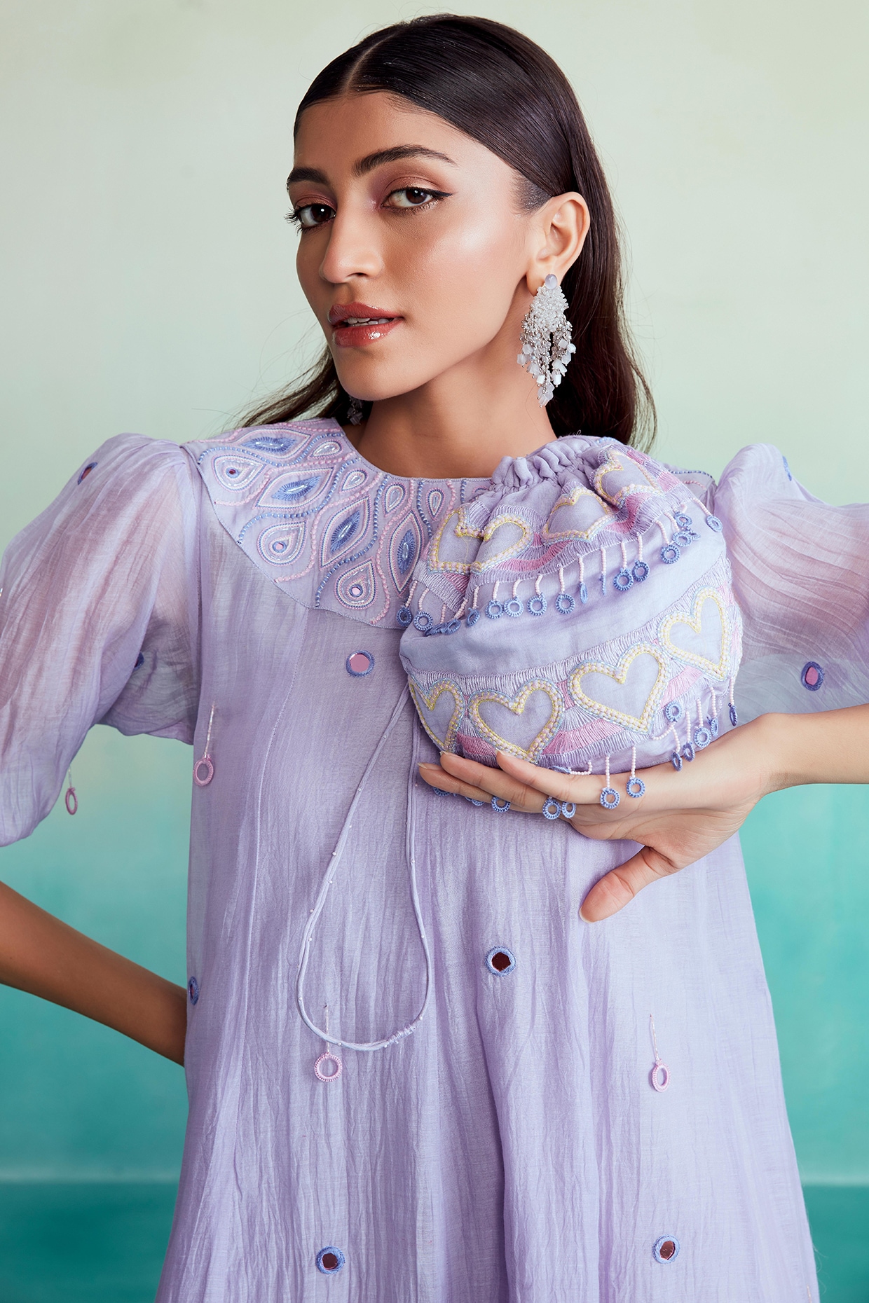 Lavender Chanderi Mirror Embroidered Dress With Inner by The Right Cut at Pernia s Pop Up Shop 2024