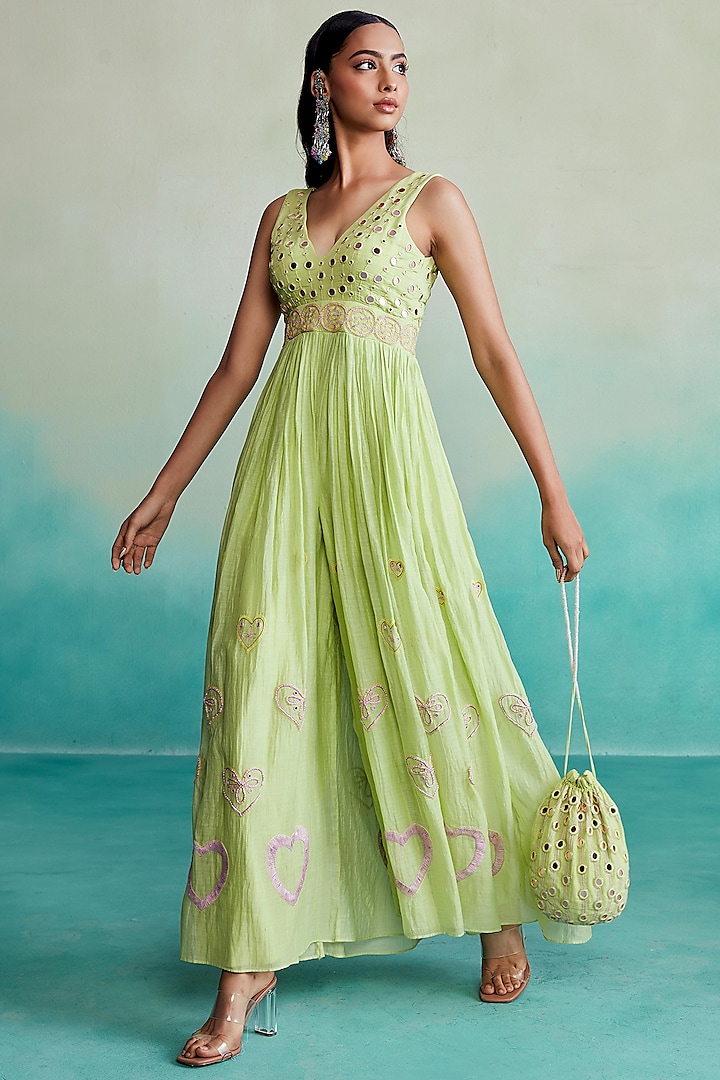 Lime Chanderi Hand Embroidered Jumpsuit by The Right Cut