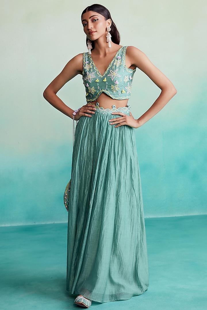 Mint Chanderi Hand Embroidered Pleated Skirt Set by The Right Cut