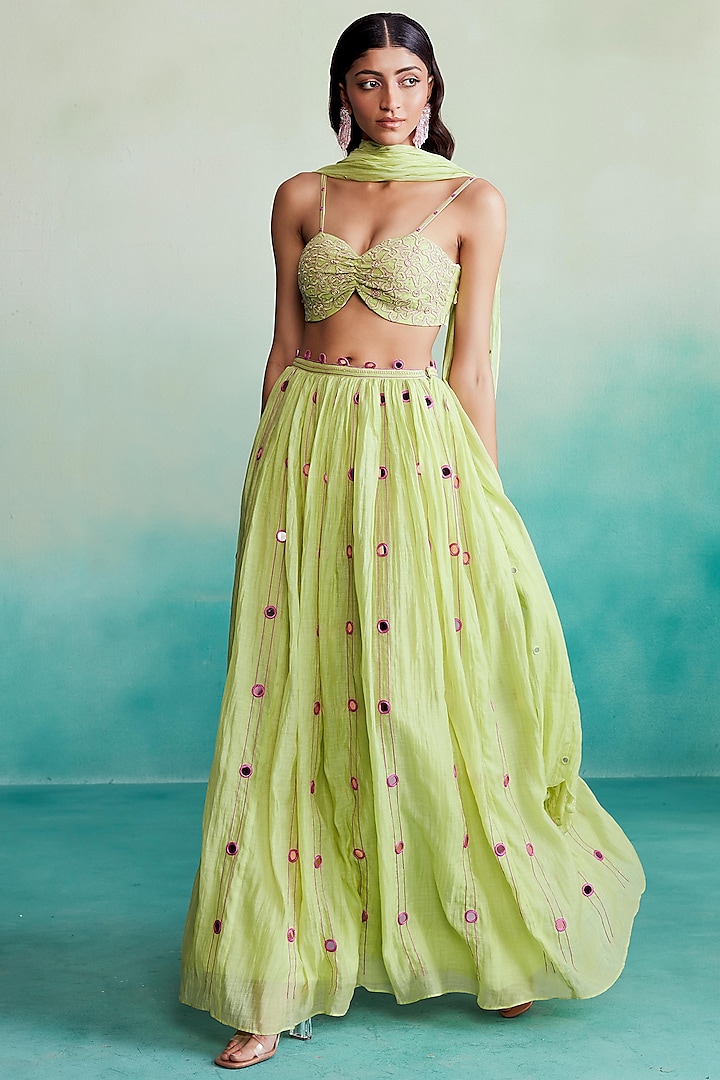 Lime Chanderi Hand Embroidered Skirt Set by The Right Cut