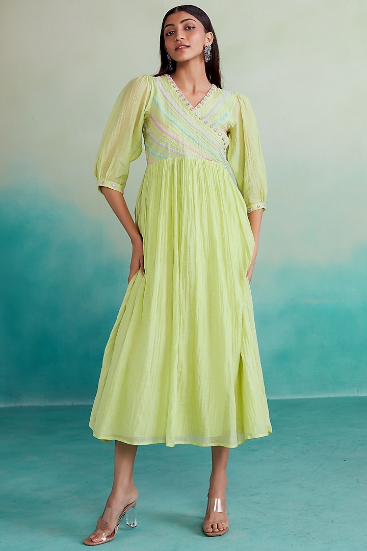 Lime Chanderi Hand Embroidered Angrakha-Style Dress by The Right Cut