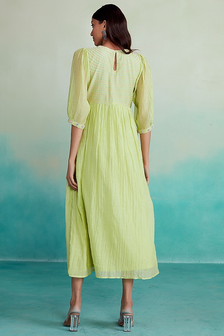 Lime Chanderi Hand Embroidered Angrakha-Style Vacation Dress by The Right Cut at Pernia's Pop Up Shop