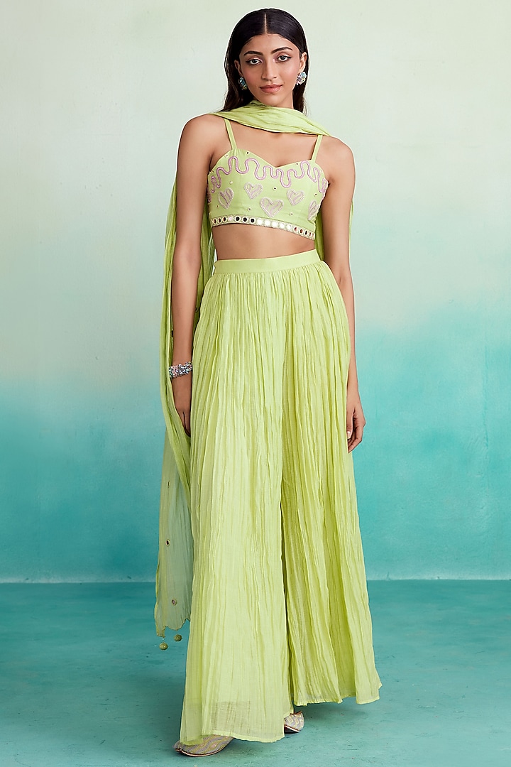 Lime Chanderi Micro-Pleated Sharara Set by The Right Cut