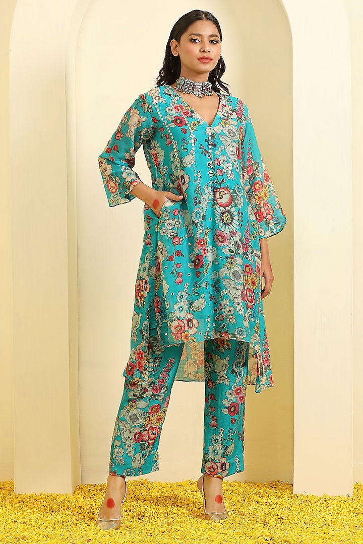 Turquoise Silk Chanderi Printed & Mirror Work Co-Ord Set by Trendy Tokari