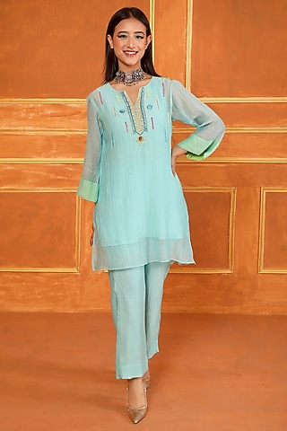 Aqua Blue Silk Chanderi Mirror Work Co-Ord Set by Trendy Tokari
