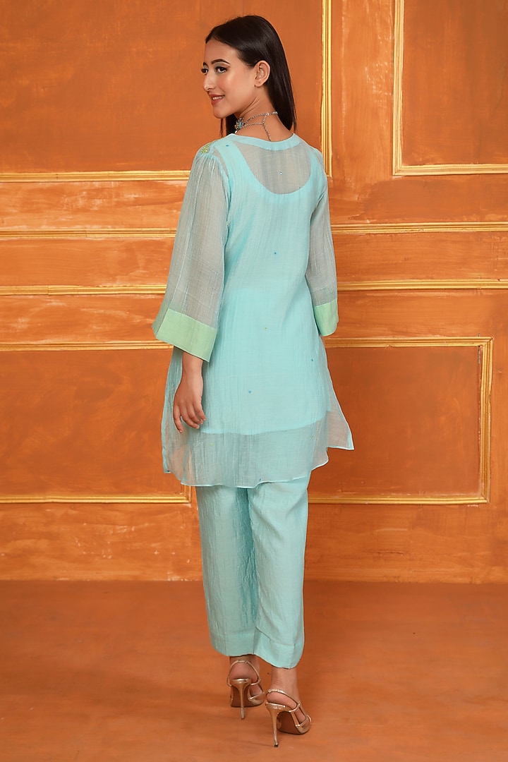 Aqua Blue Silk Chanderi Mirror Work Co-Ord Set by Trendy Tokari at Pernia's Pop Up Shop