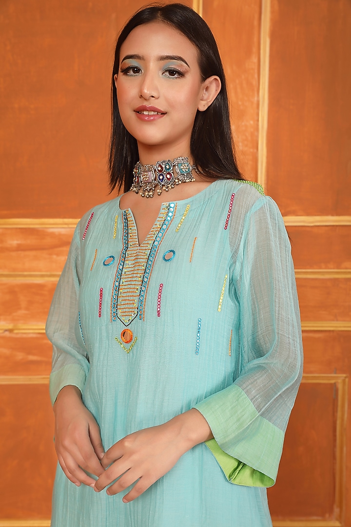 Aqua Blue Silk Chanderi Mirror Work Co-Ord Set by Trendy Tokari at Pernia's Pop Up Shop