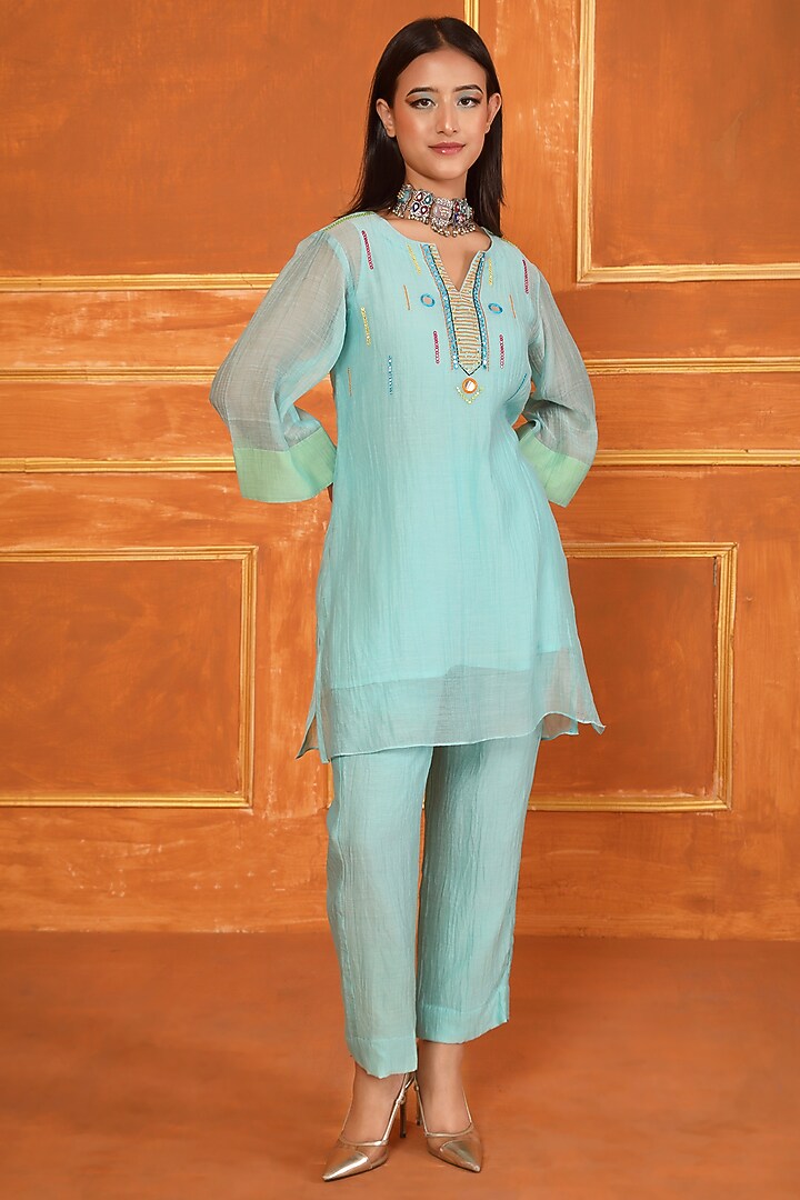 Aqua Blue Silk Chanderi Mirror Work Co-Ord Set by Trendy Tokari at Pernia's Pop Up Shop