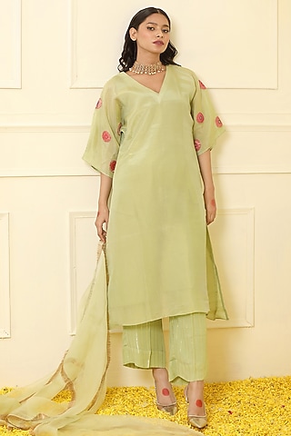 Mint Silk Tissue Hand Embroidered Kurta Set by Trendy Tokari