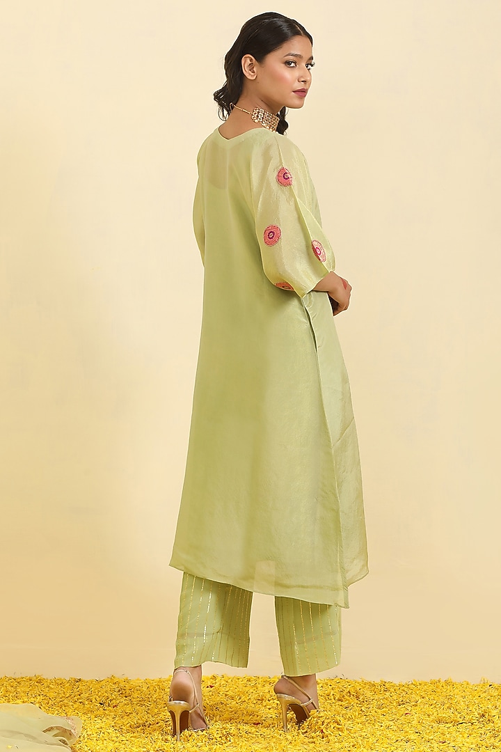 Mint Silk Tissue Hand Embroidered Kurta Set by Trendy Tokari at Pernia's Pop Up Shop