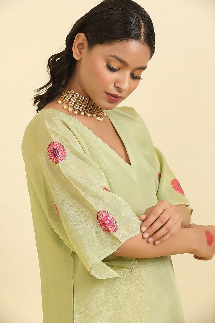 Mint Silk Tissue Hand Embroidered Kurta Set by Trendy Tokari at Pernia's Pop Up Shop