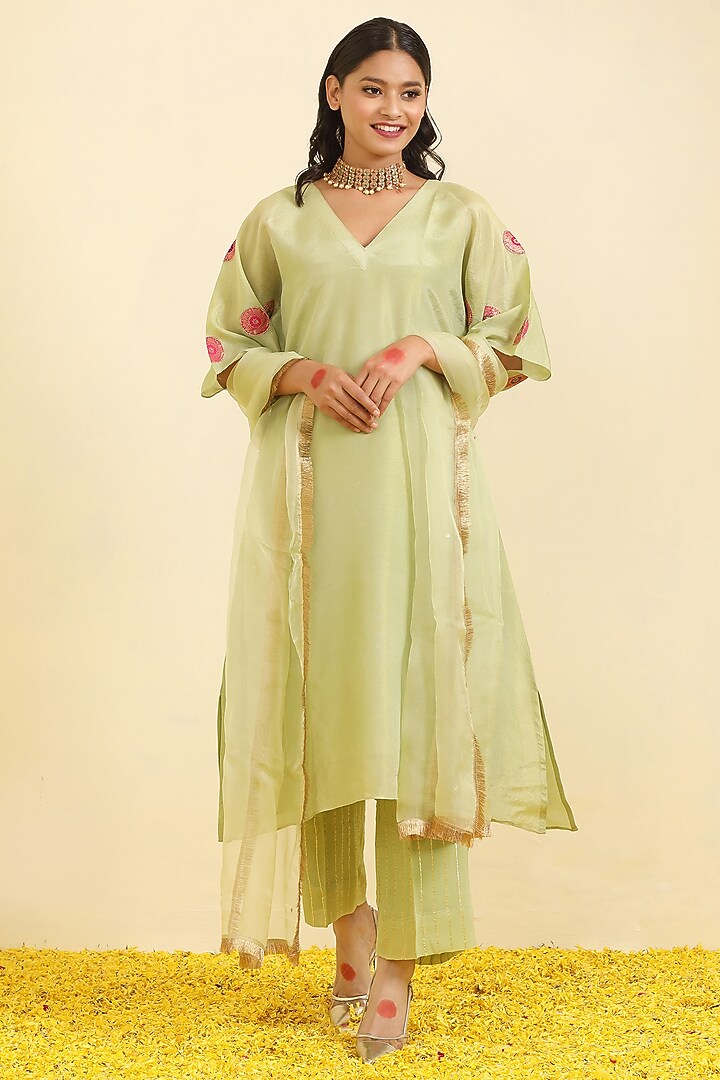 Mint Silk Tissue Hand Embroidered Kurta Set by Trendy Tokari at Pernia's Pop Up Shop
