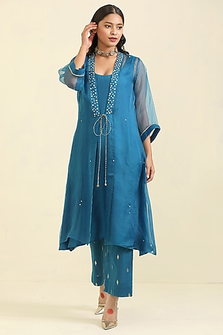 Teal Blue Organza Hand Embroidered Kurta Set by Trendy Tokari
